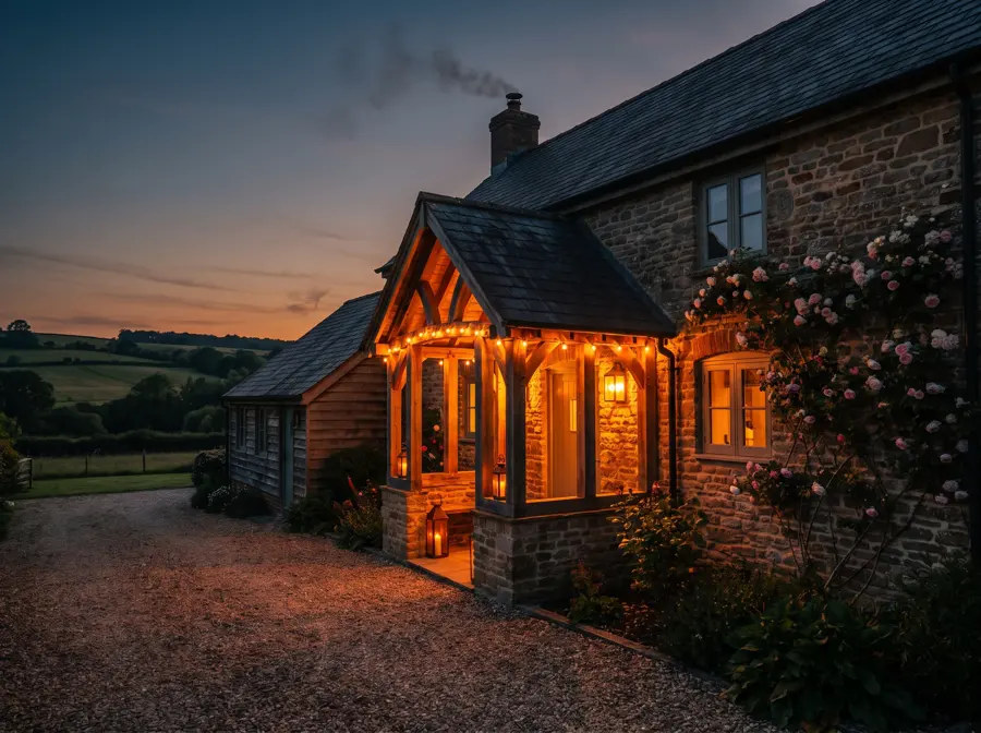A stone guest house with a lit porch and roses at sunset.