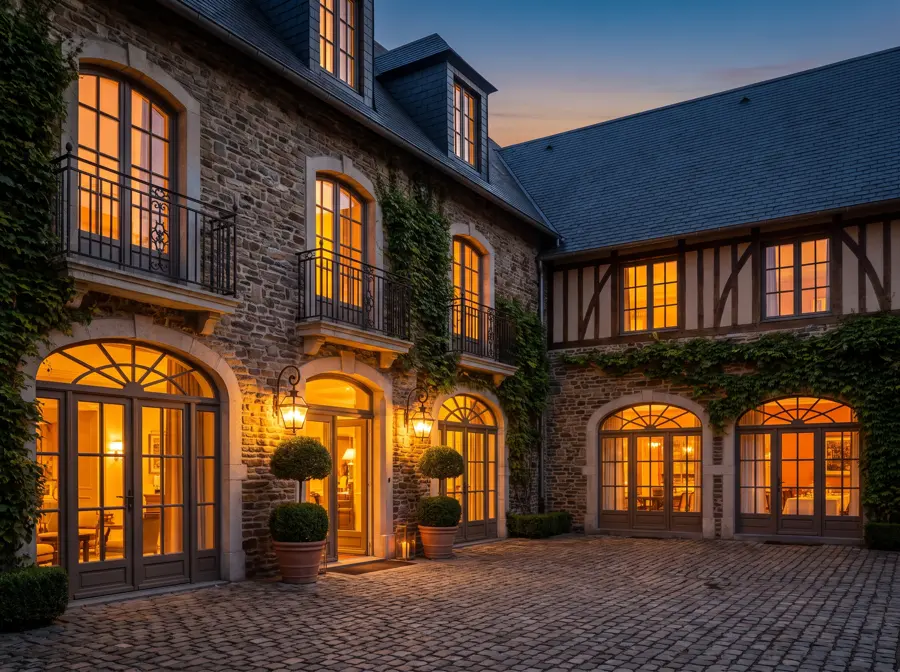 A stone hotel with lit windows and a paved courtyard at dusk.