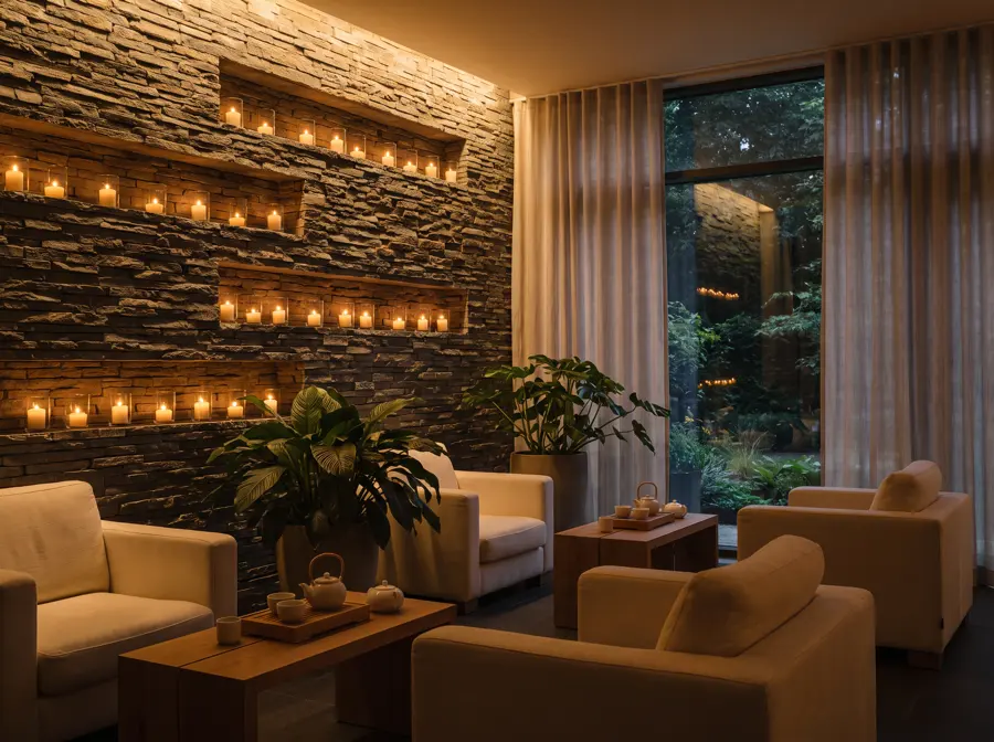 A relaxation area with armchairs, tea and candles set into the stone wall.