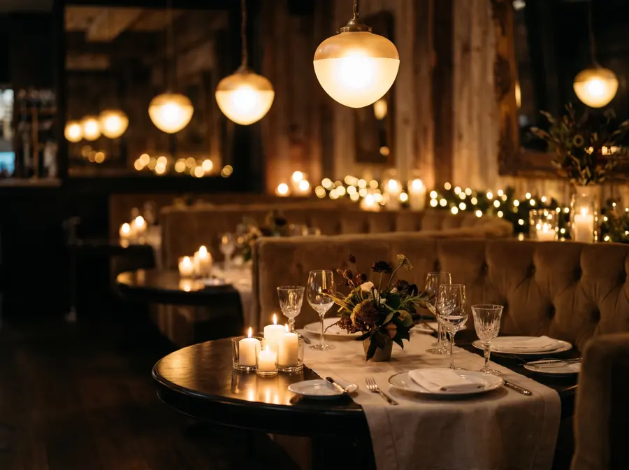 A laid table with candles and glasses in a cosy restaurant in the evening.