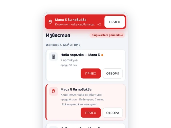 ISKA Restaurant · Pro на телефона на сервитьора: повикване от маса 5 и нова поръчка с бутон „Приех“.