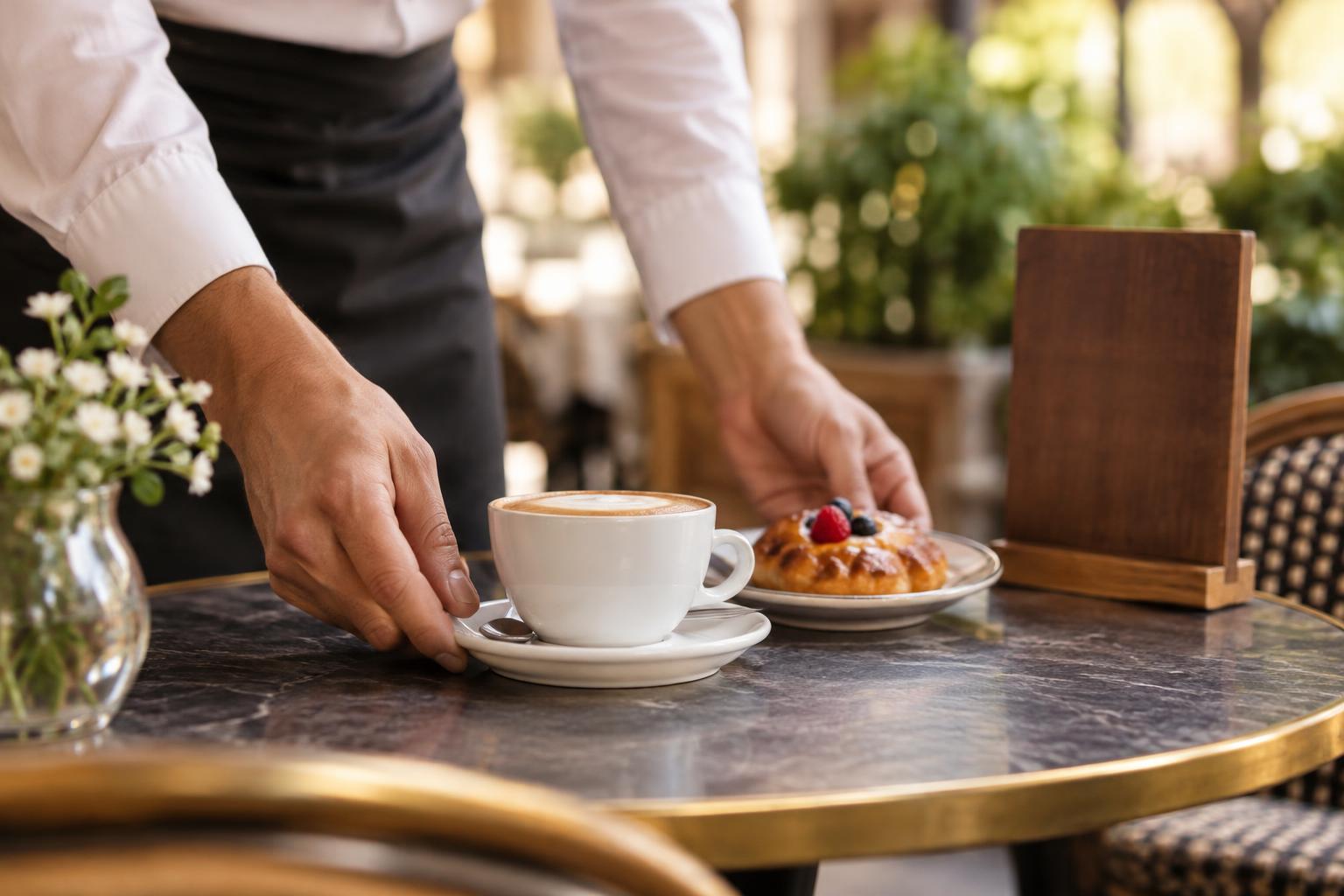 Illustrative photo: coffee and a pastry on a table, served by hands