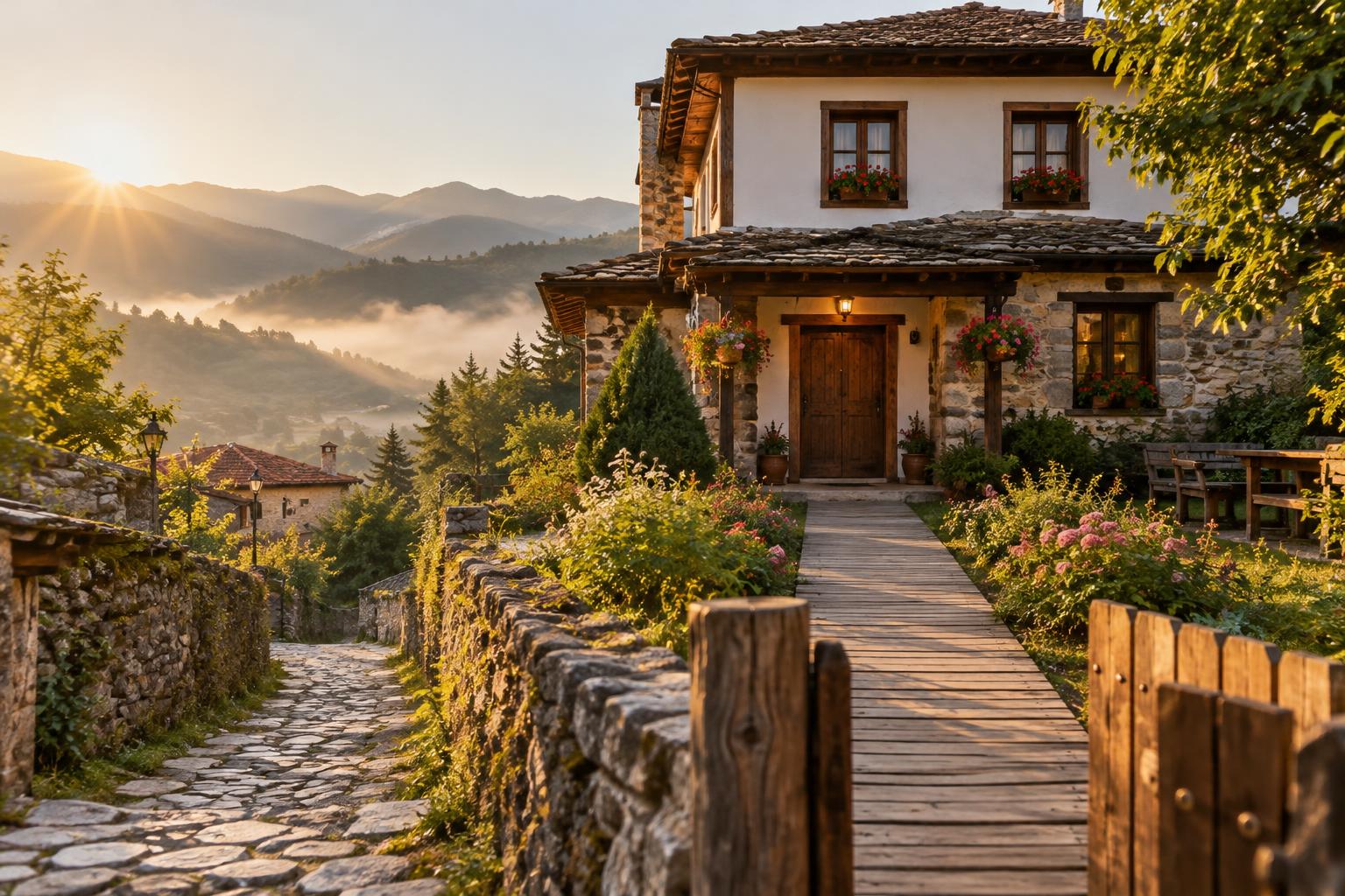 Two paths lead to the entrance of a small guest house
